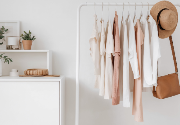Подреден минималистичен гардероб с неутрални дрехи и универсални комбинации